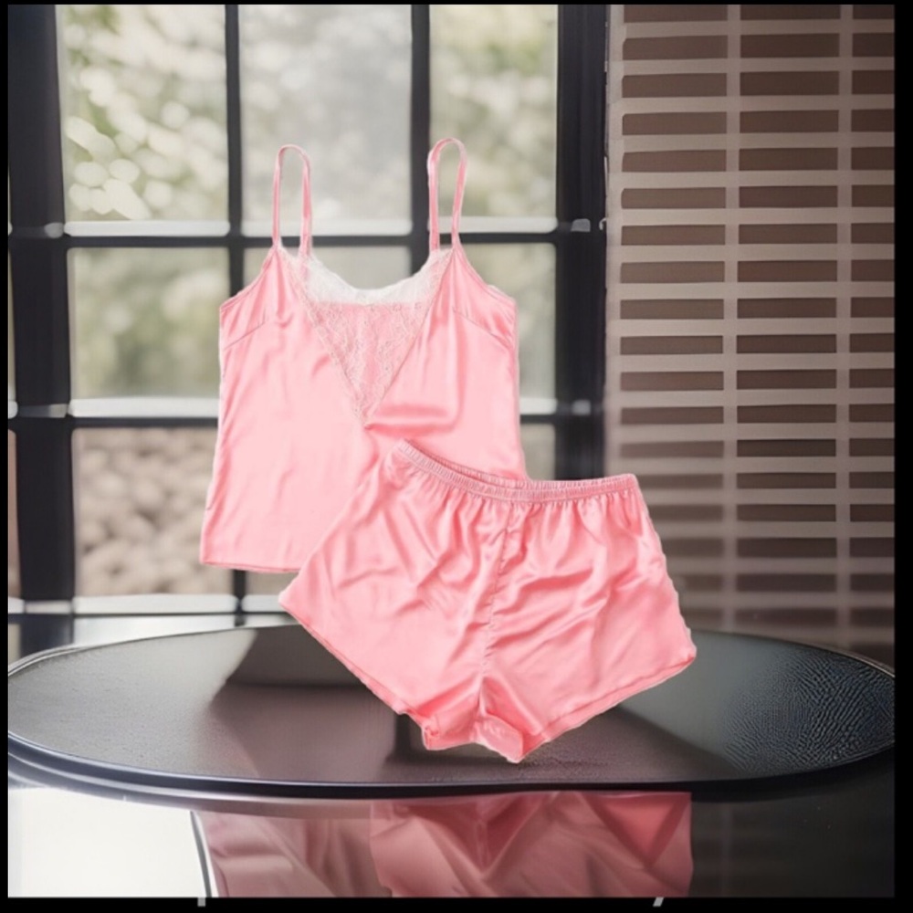 Satin Lace Over Chest W/ Adjustable Strips Cami Top & Short Pajama 2Pc Set
